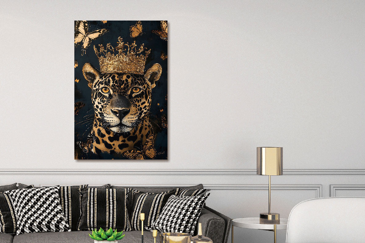 Glasschilderij Panter met kroon & vlinders 80x120 cm