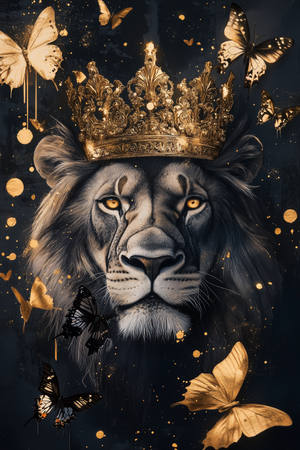 Glasschilderij Leeuw met kroon & vlinders 80x120 cm