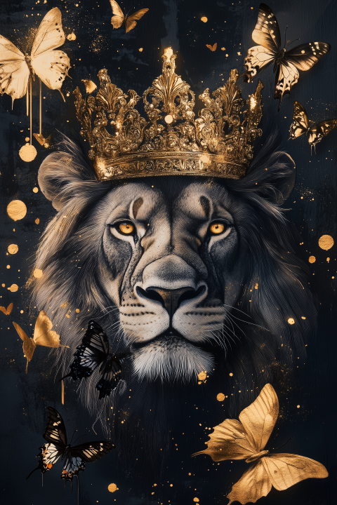 Glasschilderij Leeuw met kroon & vlinders 80x120 cm