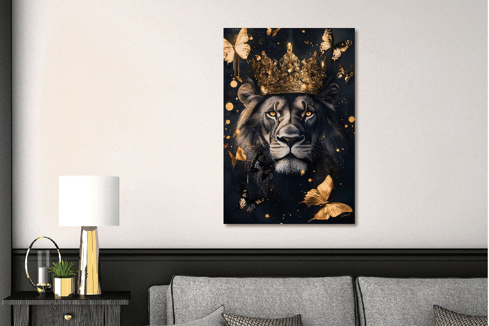 Glasschilderij Leeuw met kroon & vlinders 80x120 cm