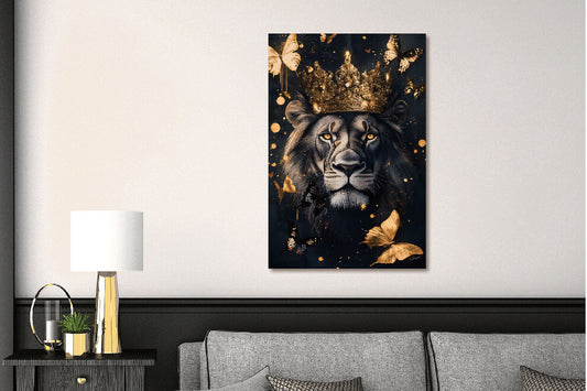 Glasschilderij Leeuw met kroon & vlinders 80x120 cm (Magazijn sale)