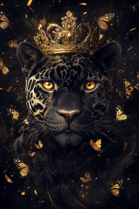 Glasschilderij Zwarte panter met kroon & vlinders 80x120 cm