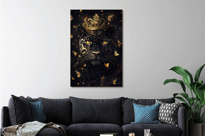 Glasschilderij Zwarte panter met kroon & vlinders 80x120 cm (Magazijn sale)