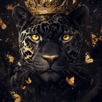 Glasschilderij Zwarte panter met kroon & vlinders 80x120 cm