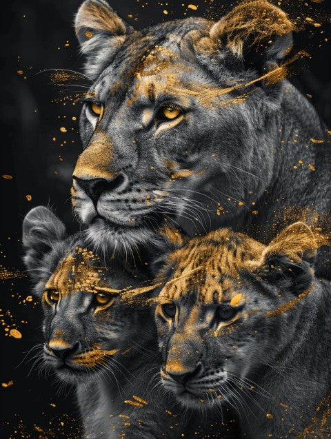 Glasschilderij Leeuw met twee welpen en gouden tinten 80x120 cm