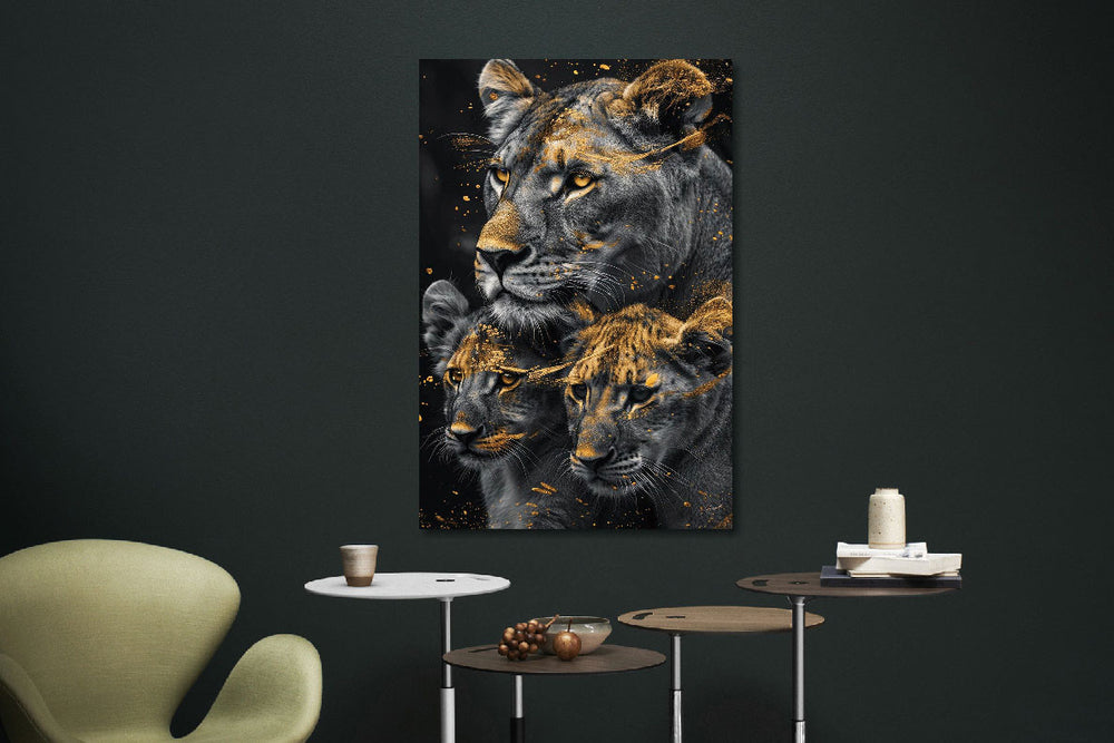 Glasschilderij Leeuw met twee welpen en gouden tinten 80x120 cm