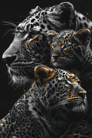 Glasschilderij Panter met twee welpen en gouden tinten 80x120 cm