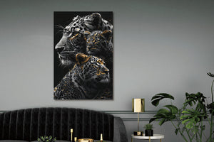 Glasschilderij Panter met twee welpen en gouden tinten 80x120 cm