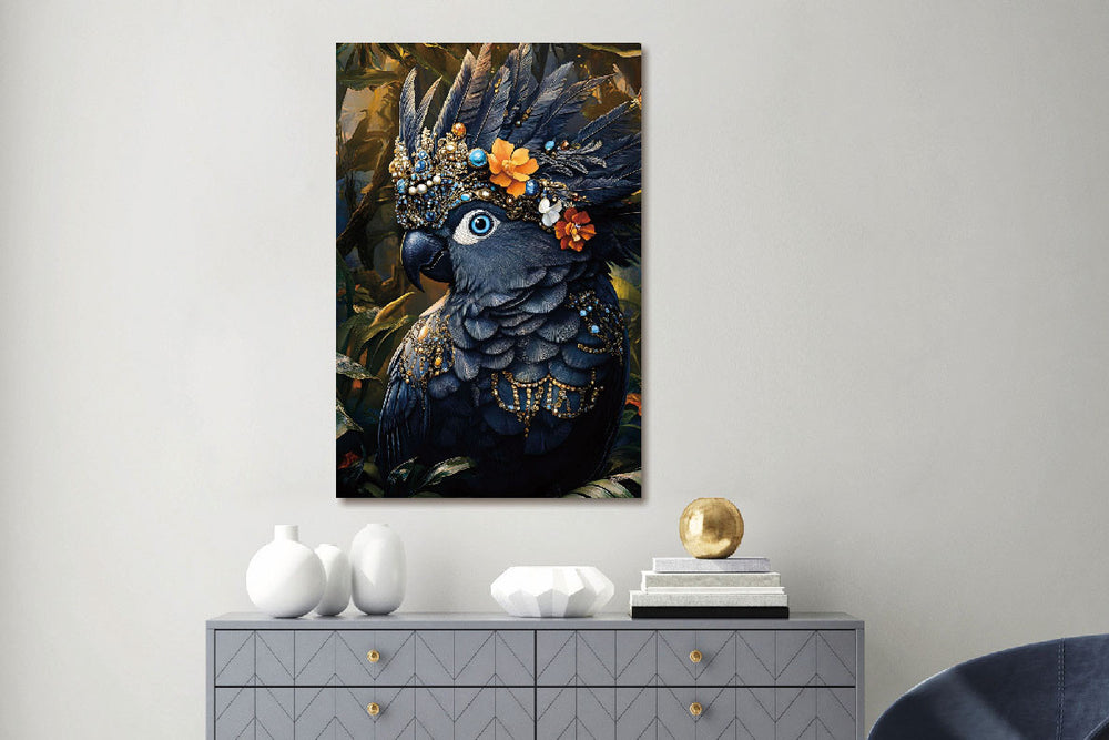 Glasschilderij Papegaai met sierraden 80x120 cm