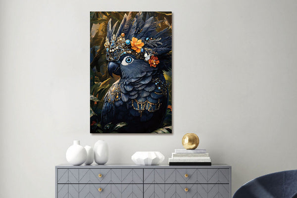 Glasschilderij Papegaai met sierraden 80x120 cm (Magazijn sale)