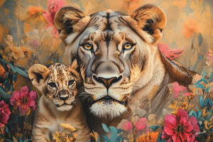 Glasschilderij Artistieke leeuwin + welp liggend 120x80 cm