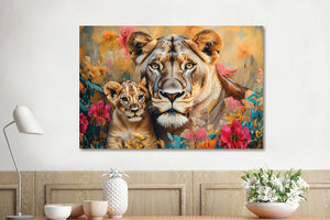 Glasschilderij Artistieke leeuwin + welp liggend 120x80 cm