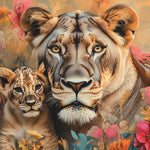 Glasschilderij Artistieke leeuwin + welp liggend 120x80 cm