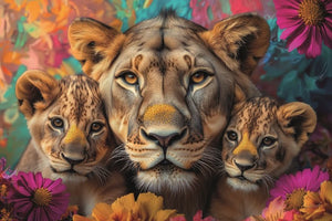 Glasschilderij Artistieke leeuwin + 2 welpen liggend 120x80 cm