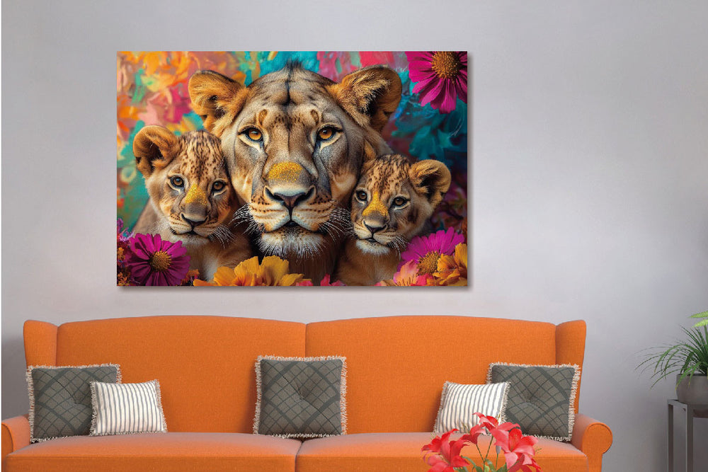 Glasschilderij Artistieke leeuwin + 2 welpen liggend 120x80 cm