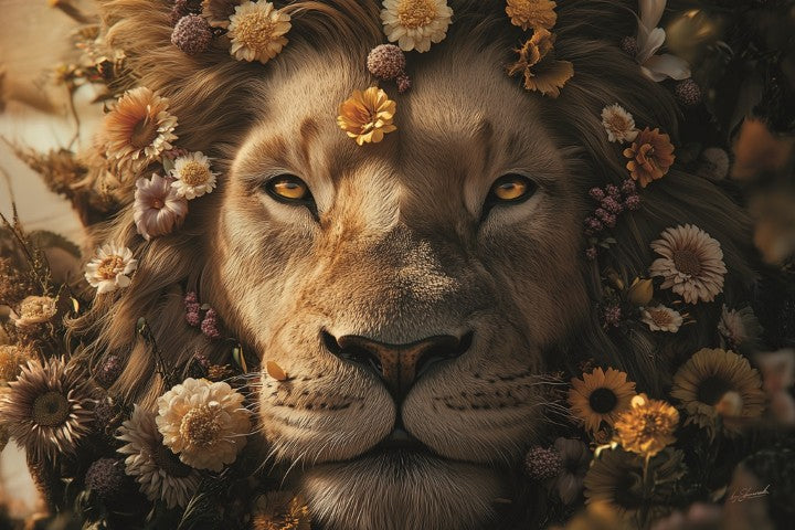 Glasschilderij Artistieke mannetjes leeuw bloemen 120x80 cm