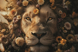 Glasschilderij Artistieke mannetjes leeuw bloemen 120x80 cm