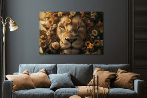 Glasschilderij Artistieke mannetjes leeuw bloemen 120x80 cm