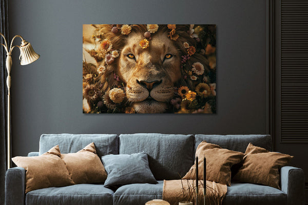 Glasschilderij Artistieke mannetjes leeuw bloemen 120x80 cm