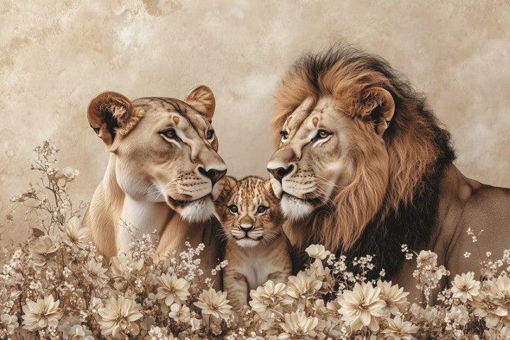 Glasschilderij Getekende leeuwen met een welp 120x80 cm