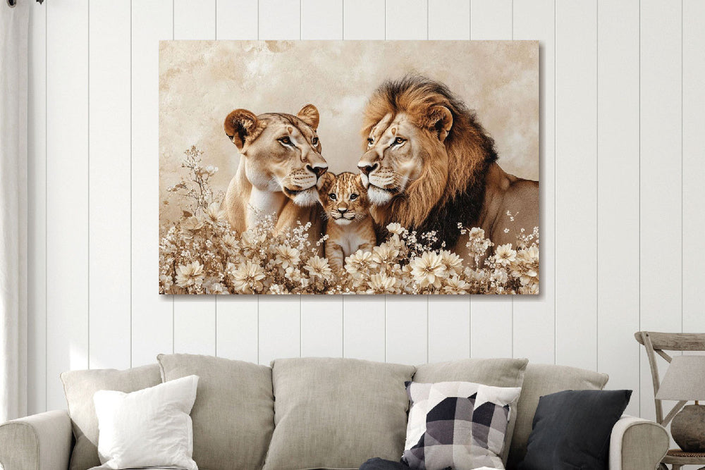 Glasschilderij Getekende leeuwen met een welp 120x80 cm