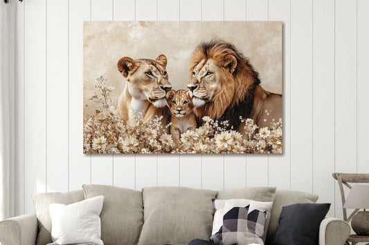 Glasschilderij Getekende leeuwen met een welp 120x80 cm