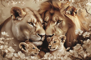 Glasschilderij Getekende leeuwen + 2 welpen zijkant 120x80 cm