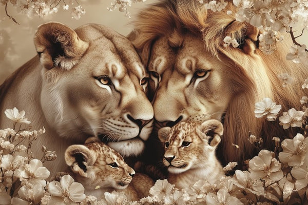 Glasschilderij Getekende leeuwen + 2 welpen zijkant 120x80 cm