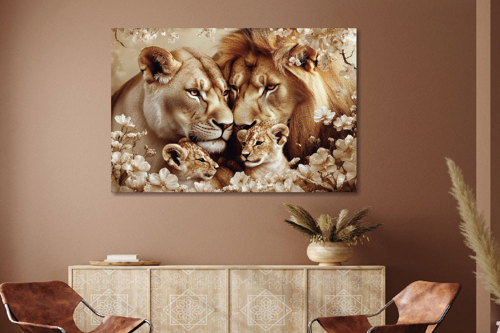 Glasschilderij Getekende leeuwen + 2 welpen zijkant 120x80 cm