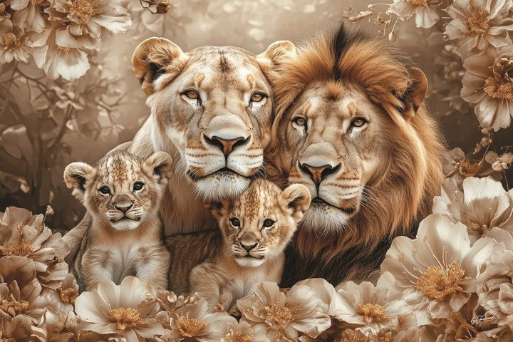 Glasschilderij Getekende leeuwen + 2 welpen 120x80 cm