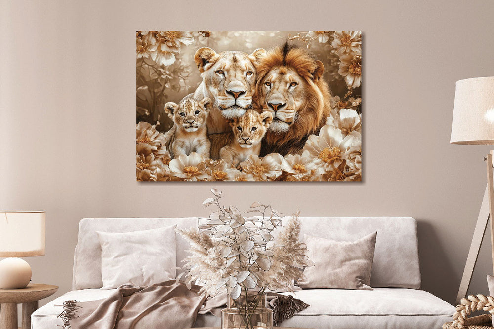 Glasschilderij Getekende leeuwen + 2 welpen 120x80 cm