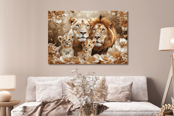 Glasschilderij Getekende leeuwen + 2 welpen 120x80 cm
