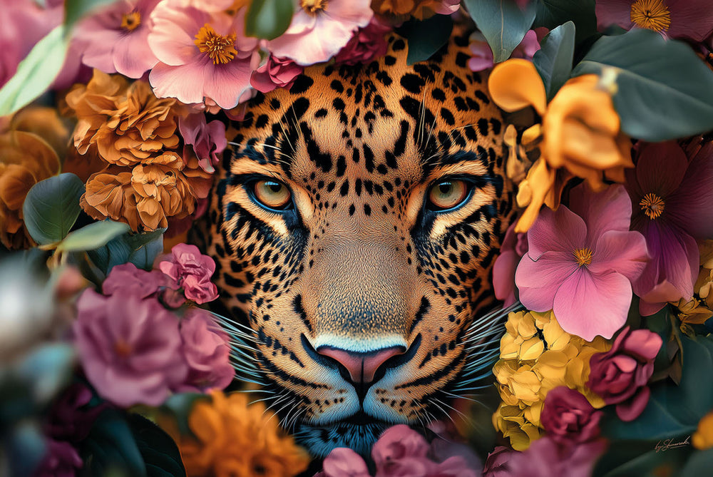 Glasschilderij Panter in bloemenzee kleurrijk 120x80 cm