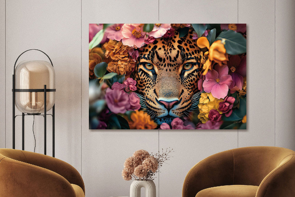 Glasschilderij Panter in bloemenzee kleurrijk 120x80 cm