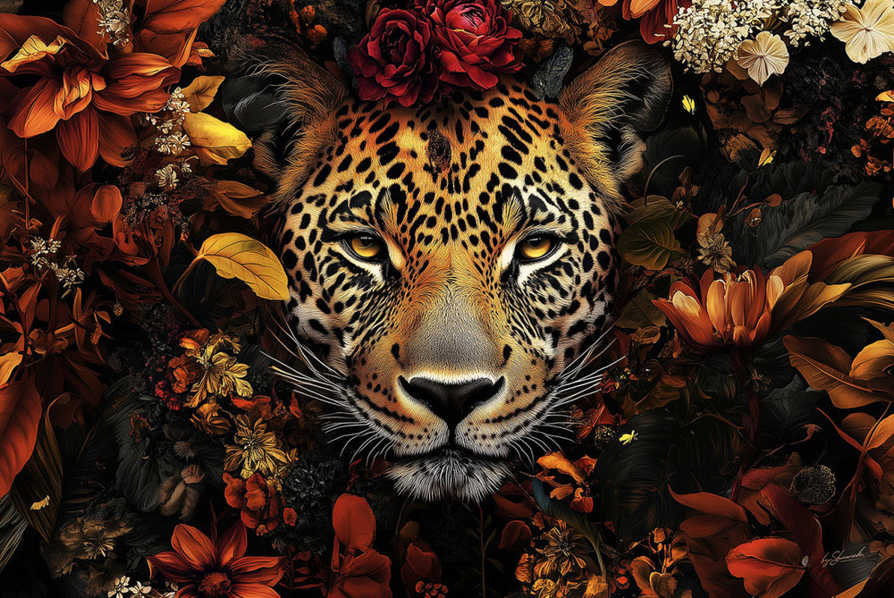 Glasschilderij Panter in rode bloemenzee kleurrijk 120x80 cm