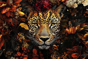 Glasschilderij Panter in rode bloemenzee kleurrijk 120x80 cm