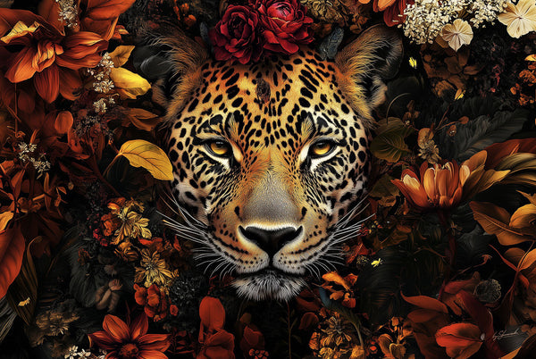 Glasschilderij Panter in rode bloemenzee kleurrijk 120x80 cm