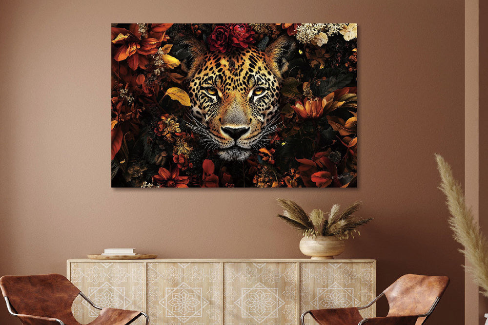 Glasschilderij Panter in rode bloemenzee kleurrijk 120x80 cm