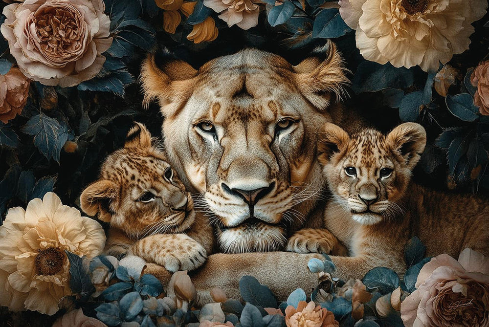 Glasschilderij Leeuwin met 2 welpjes tussen de bloemen 120x80 cm