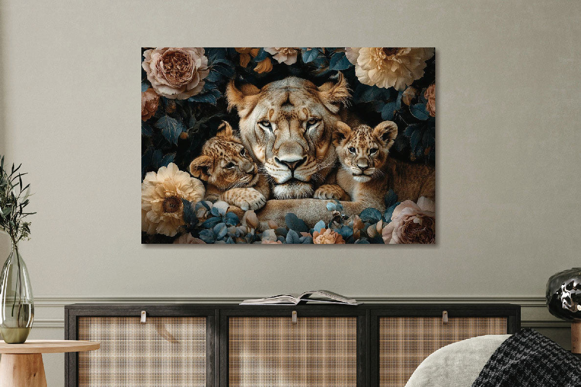 Glasschilderij Leeuwin met 2 welpjes tussen de bloemen 120x80 cm (Magazijn sale)
