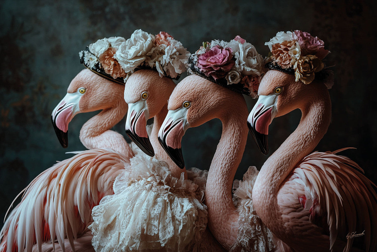Glasschilderij Flamingo's met bloemenhoedjes 120x80 cm (Magazijn sale)