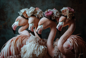 Glasschilderij Flamingo's met bloemenhoedjes 120x80 cm