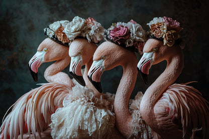 Glasschilderij Flamingo's met bloemenhoedjes 120x80 cm (Magazijn sale)