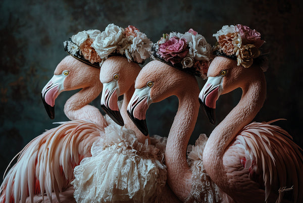 Glasschilderij Flamingo's met bloemenhoedjes 120x80 cm