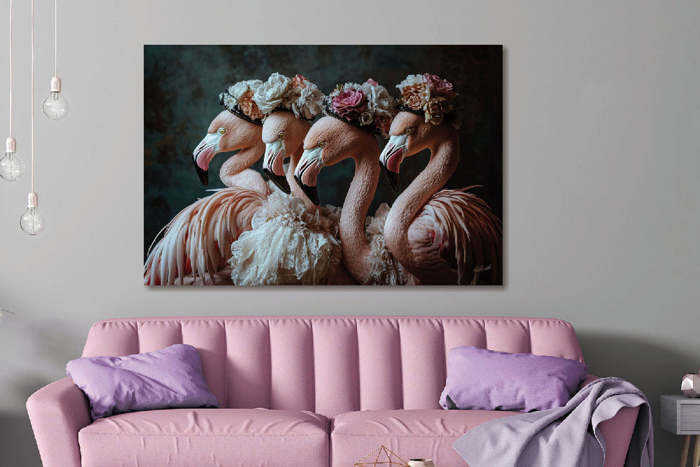 Glasschilderij Flamingo's met bloemenhoedjes 120x80 cm