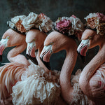 Glasschilderij Flamingo's met bloemenhoedjes 120x80 cm