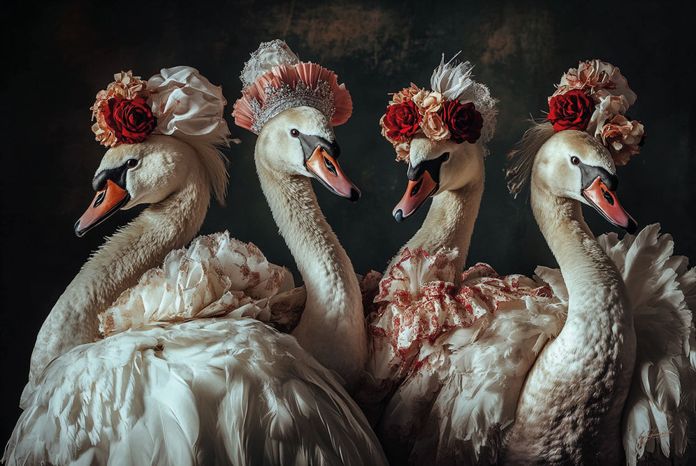 Glasschilderij Zwanen met bloemenhoedjes 120x80 cm