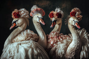 Glasschilderij Zwanen met bloemenhoedjes 120x80 cm