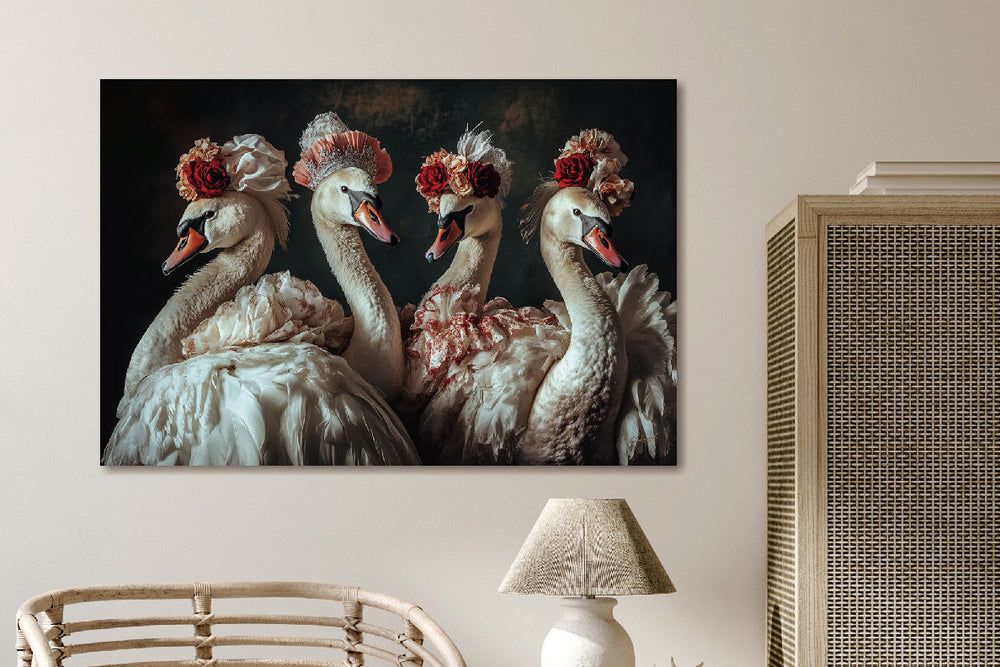 Glasschilderij Zwanen met bloemenhoedjes 120x80 cm