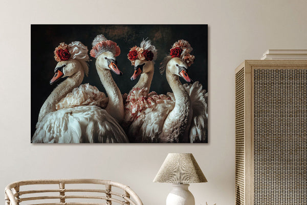 Glasschilderij Zwanen met bloemenhoedjes 120x80 cm